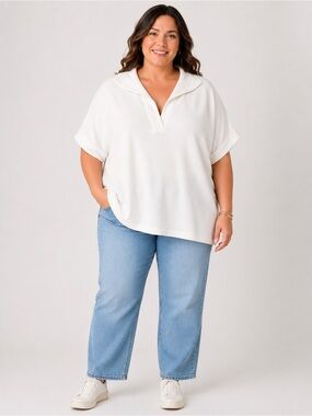 J.Jill 3X Textured Cotton Split Neck Top | White Relaxed Fit